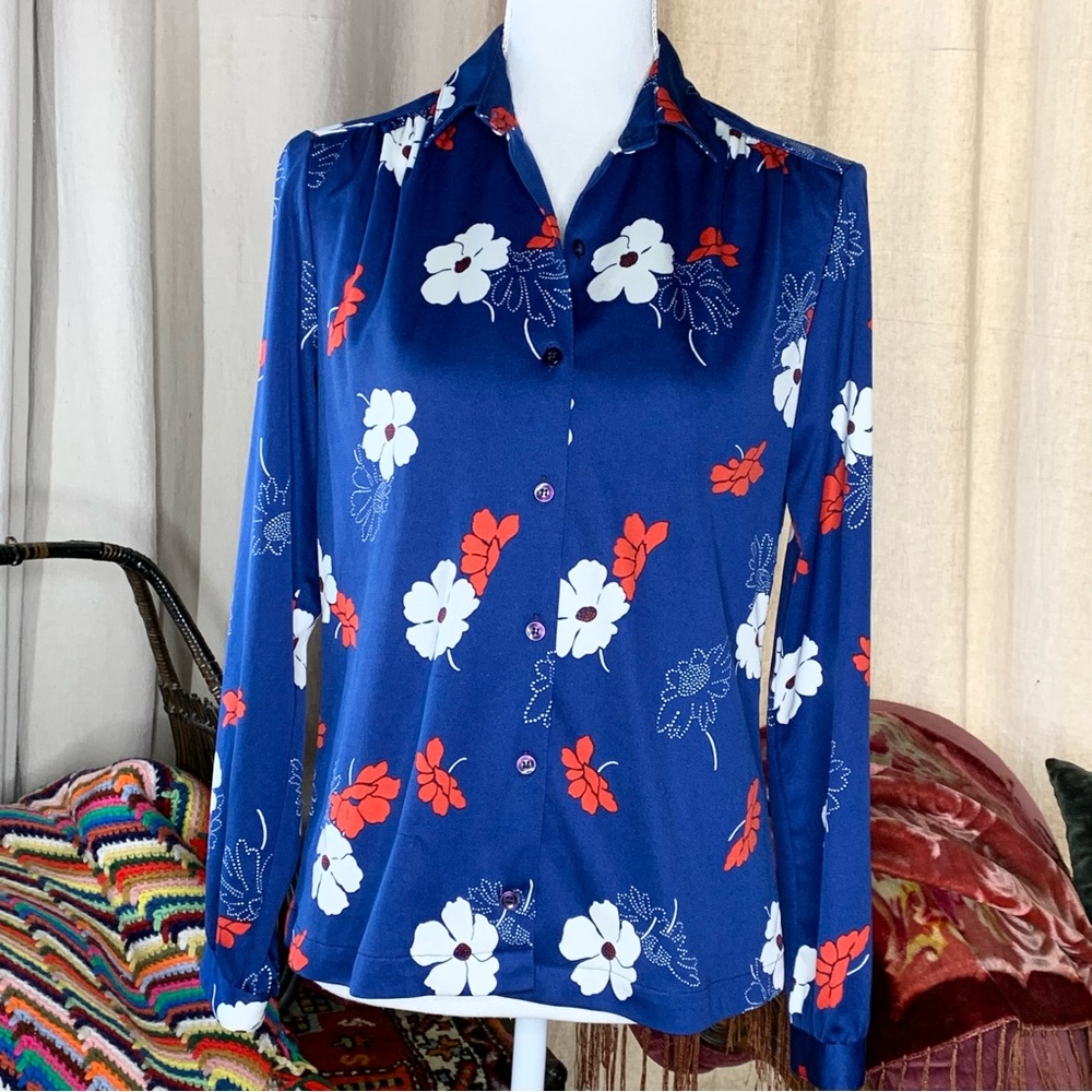 70s Floral Polyester Blouse